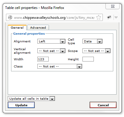 Update Cell Properties - General Tab