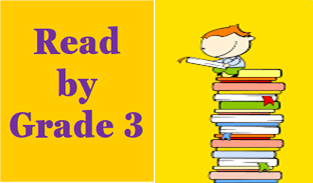 graphic depicting Read by Grade 3 title and child sitting on stack of books