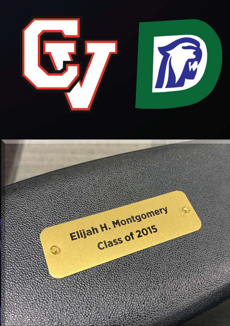 Image of Chippewa Valley and Dakota High School Logos and an image of a Sponsor a Seat Plate