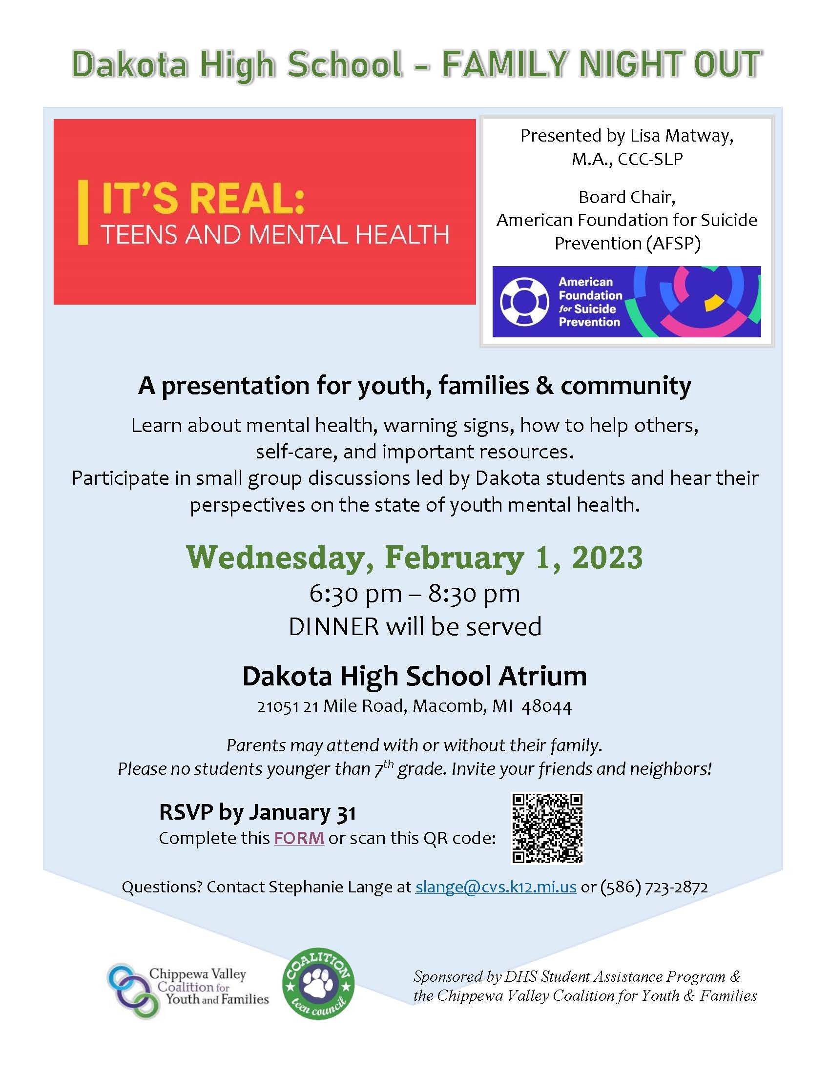 Family Night Out flyer--Teens & Mental Health