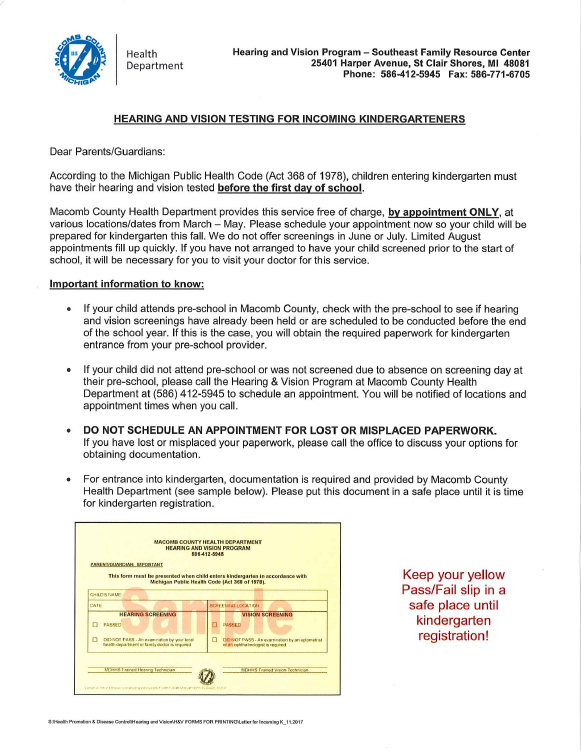 Hearing and Vision Testing Notice