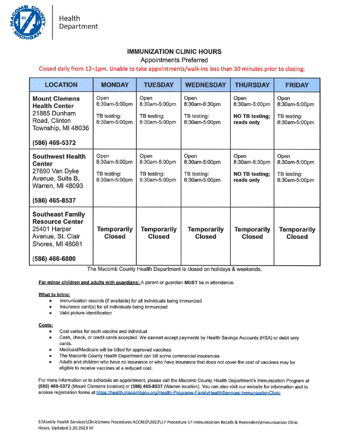 Immunization Clinic Hours