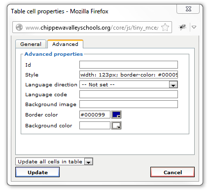 Update Cell Properties - Advanced Tab